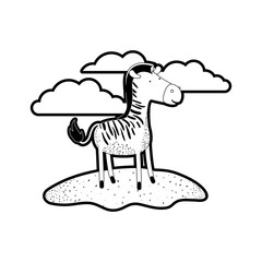 zebra cartoon in outdoor scene with clouds in black silhouette with thick contour vector illustration