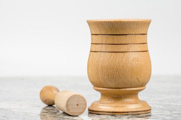 Wooden mortar on the grey marble table