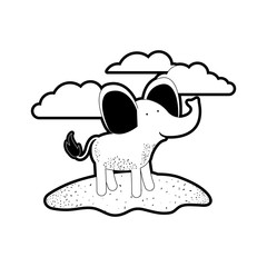 elephant cartoon in outdoor scene with clouds in black silhouette with thick contour vector illustration