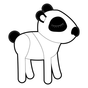 female panda cartoon with closed eyes expression in black silhouette with thick contour vector illustration