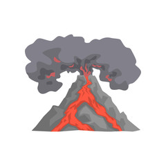 Volcanic eruption, lava flowing down the mountain, volcano with dust cloud vector Illustration