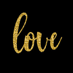 Handwritten love lettering isolated on black. Doodle handmade quote for design gift  card, bridal invitation, workshope, love poster, wedding store sale advertising, scrapbook etc. Gold texture.