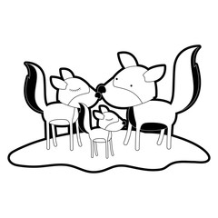 wolves couple and cub over grass with black sections silhouette and thick contour vector illustration