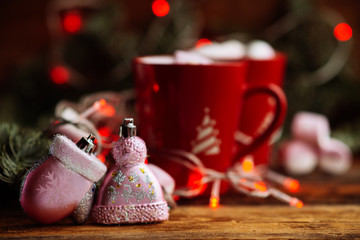 Christmas Hot Chocolate with Marshmallows in Red Mugs, square