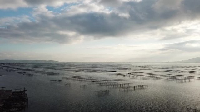 Vue a&eacute;rienne des Parcs &agrave; hu&icirc;tres sur l'&eacute;tang de Thau
