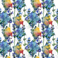 Obraz na płótnie Canvas Wildflower lavender flower pattern in a watercolor style. Full name of the plant: lavender. Aquarelle wild flower for background, texture, wrapper pattern, frame or border.