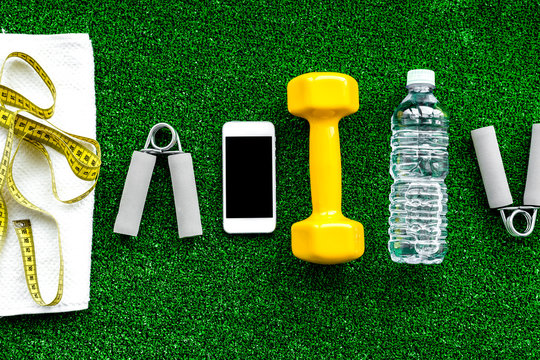 concept preparing to fitness sports equipment top view