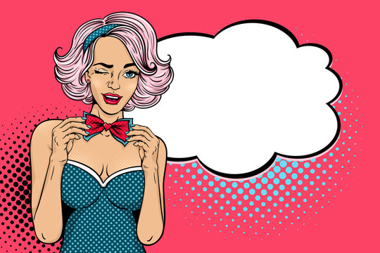 Wow pop art face. Young sexy woman with open smile winks and corrects her bow tie and empty speech bubble. Vector illustration in retro comic style. Colorful pop art background. Party invitation.