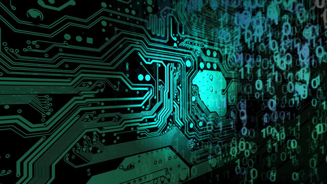 Abstract Technology Background. Web Developer. Computer Code. Programming. Coding. Hacker concept. Green neon binary figures 0 and 1 fall from top to bottom on the sides of turning circuit board.