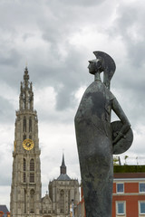 Fototapeta premium Statue and cathedral in Antwerp in Belgium