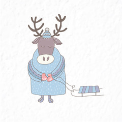 Funny deer with a sleigh. Nursery art. Minimalist scandinavian style.