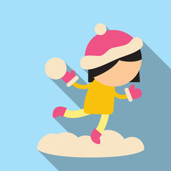 Cute little baby girl in blue ski suit in red shoes with snowflakes around her, colorful vector illustration