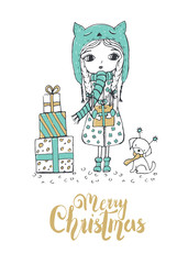 Christmas illustration of a little girl and a cute dog. Merry Christmas
