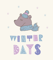Winter postcard with quotes and phrases. Funny bear.