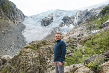 Man in Front of  Buerdalen glacier