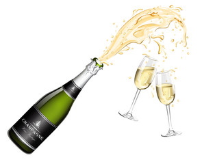 
Bottle of Champagne explosion and two glasses