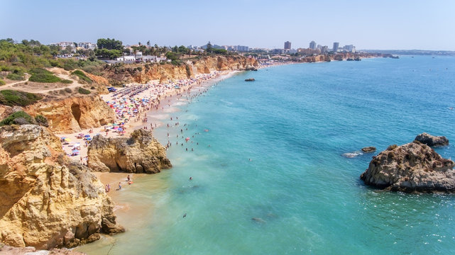 Aerial. Tourist beaches of the Portuguese city of Portimao. Shooted by drones