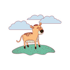 tiger cartoon in outdoor scene with clouds on colorful silhouette with thin contour vector illustration
