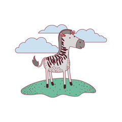 zebra cartoon in outdoor scene with clouds on colorful silhouette with thin contour vector illustration