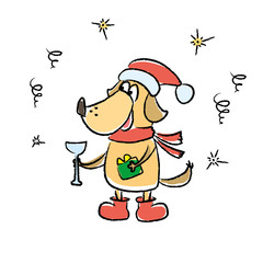 Cute winter card with dog in red hat,scarf