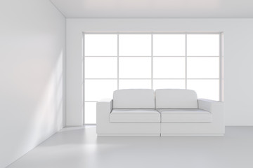 White Sofa in empty room with large window. 3d rendering.