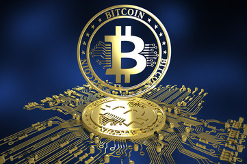 Virtual cryptocurrency concept with golden coins of bitcoin