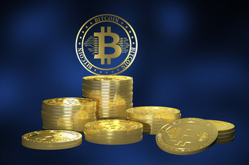 Virtual cryptocurrency concept with golden coins of bitcoin