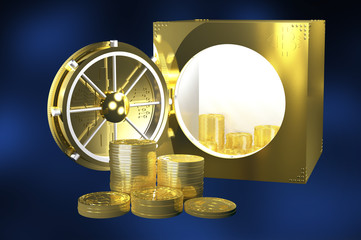 Virtual cryptocurrency concept with safe and golden coins of bitcoin