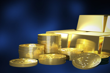 Virtual cryptocurrency concept with golden coins of bitcoin