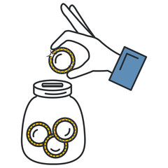 hand saver with glass jar and coins money vector illustration design