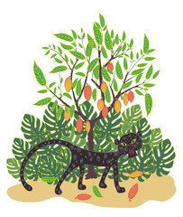  tree of cacao with ripe fruits and black panther 