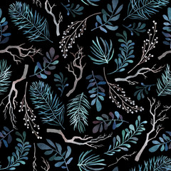 Watercolor seamless pattern with different kinds of winter branches on a dark background. Fabric design.