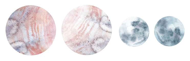 Collection of planets painted in watercolor. Moon and Jupiter.