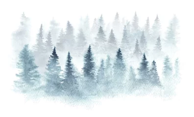 Fototapeten Winterwald in einem in Aquarell gemalten Nebel. © Juliautumn