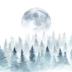 Foto auf Acrylglas Aquarell Natur Landschaft eines Winterwaldes und des aufgehenden Mondes. Bäume verschwinden im Nebel. Aquarellillustration.