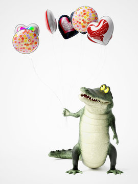 3D rendering of a cartoon crocodile holding balloons.