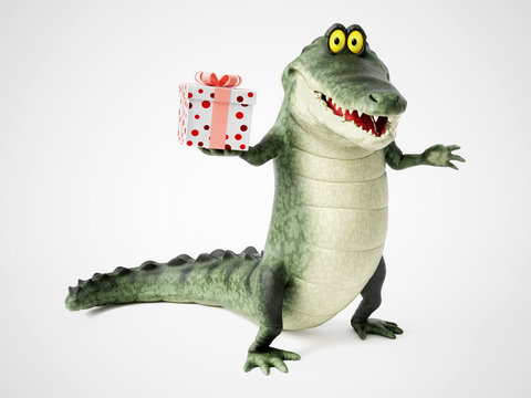 3D rendering of a cartoon crocodile holding a gift.