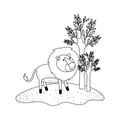 lion cartoon in forest next to the trees in monochrome silhouette vector illustration