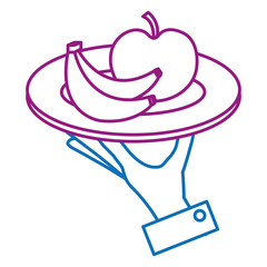 hand with apple and banana in dish vector illustration design