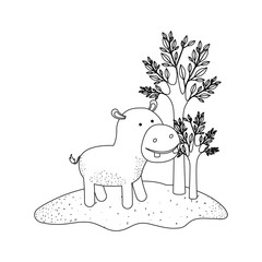 hippopotamus cartoon in forest next to the trees in monochrome silhouette vector illustration