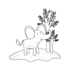 elephant cartoon in forest next to the trees in monochrome silhouette vector illustration