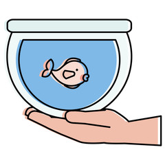 hand with fish in aquarium vector illustration design