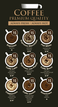 Vector coffee menu card for different types of coffee with a picture of the cups, top view with price on black background