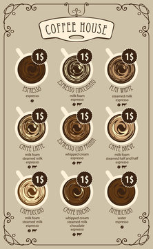 Vector coffee menu card for different types of coffee with a picture of the cups, top view with price in curly frame in retro style