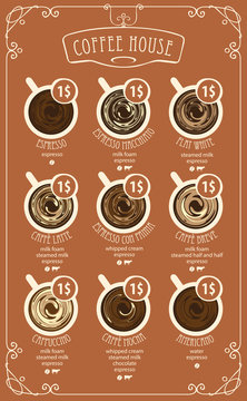 Vector coffee menu card for different types of coffee with a picture of the cups, top view with price in curly frame in retro style