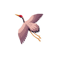 vector flat Japan traditional flying bird - crane flapping wings icon image, cartoon style japanese symbols concept. Isolated illustration on a white background.