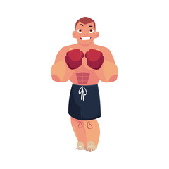 vector cartoon muscular strong handsome man bare torso and chest in boxing stand with red box gloves smiling. Isolated illustration on a white background.
