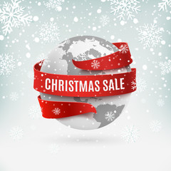 Christmas sale, earth icon with red ribbon around, on winter background.
