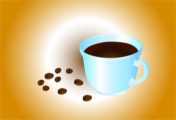 A cup of coffee with scattered coffee beans, against the background of 