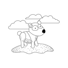 panda cartoon in outdoor scene with clouds in monochrome silhouette vector illustration
